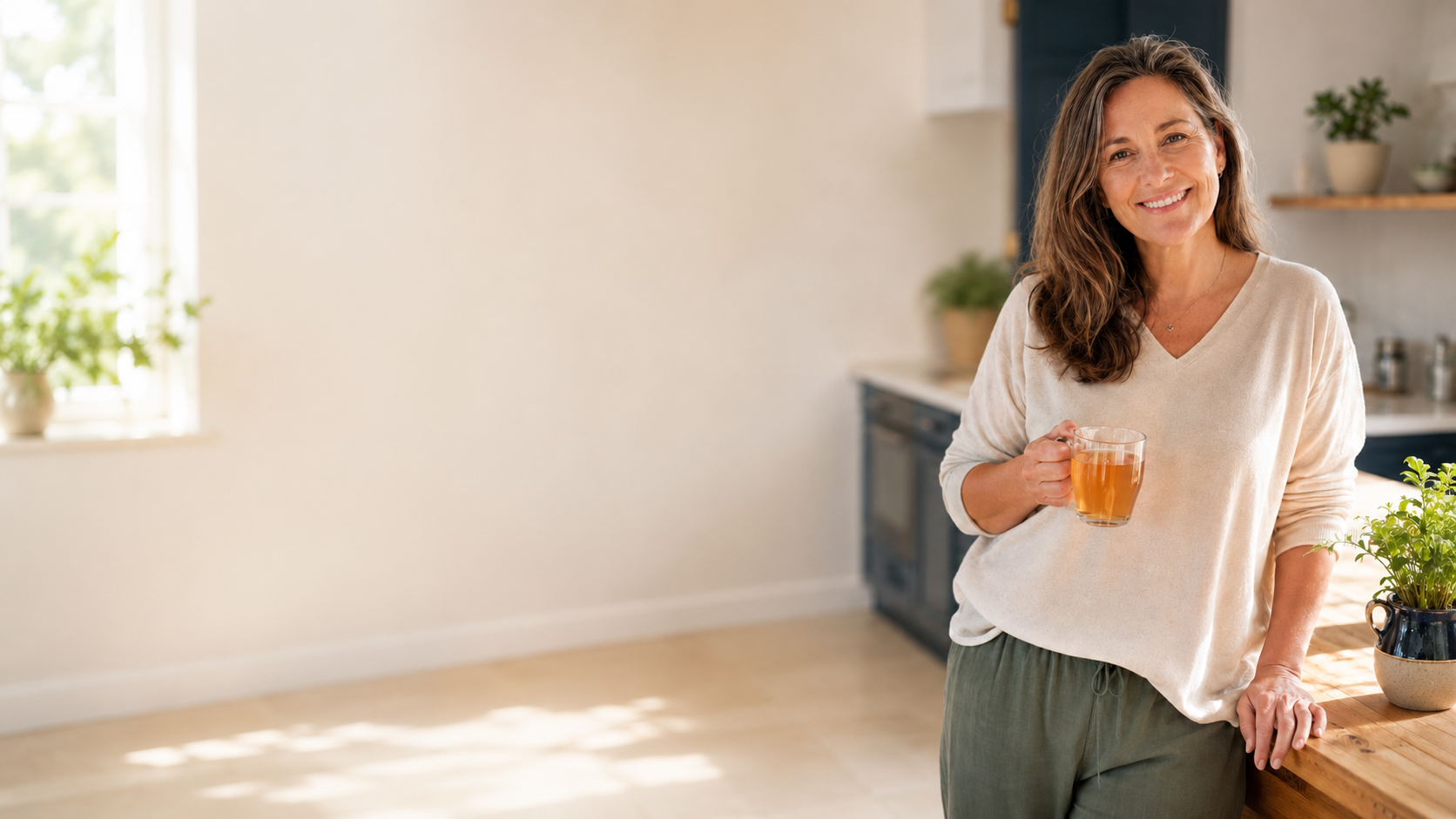 Dr. Marla in a bright kitchen holding a mug of golden herbal tea