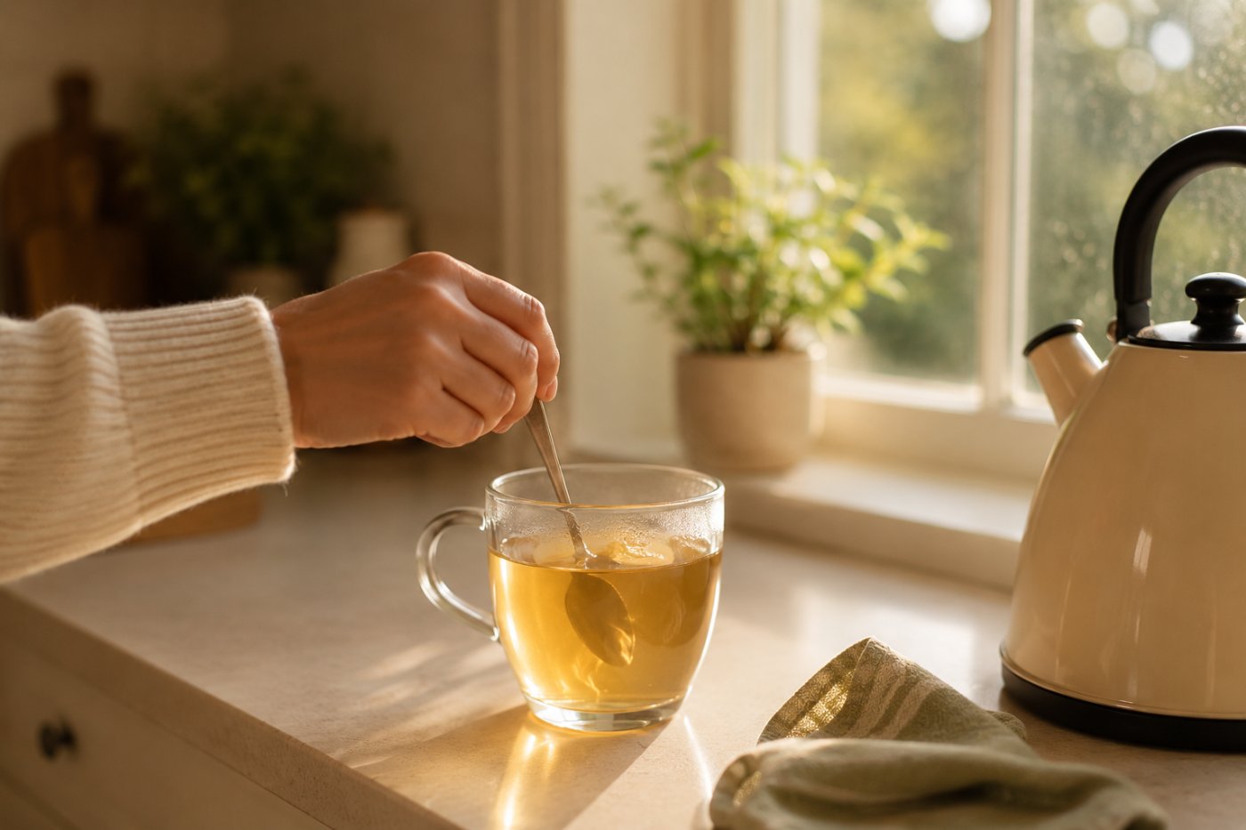 Morning light on a counter as a cup of tea is stirred